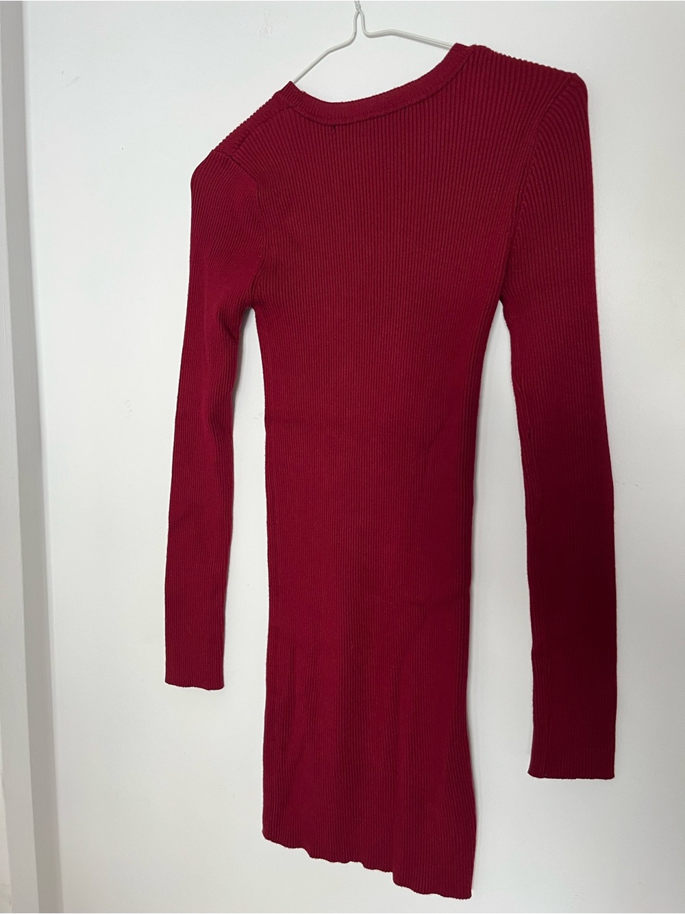 Burgundy Ribbed Knit Long Sleeve Bodycon Mini Dress - Ultra Stretchy